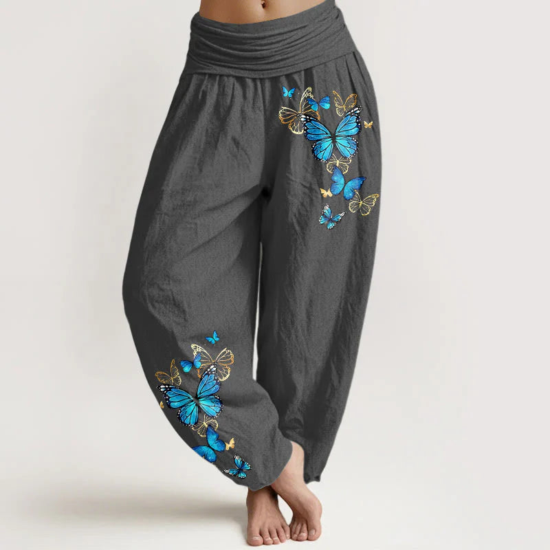 Buddha Stones Cotton Butterfly Pattern Women's Elastic Waist Harem Pants