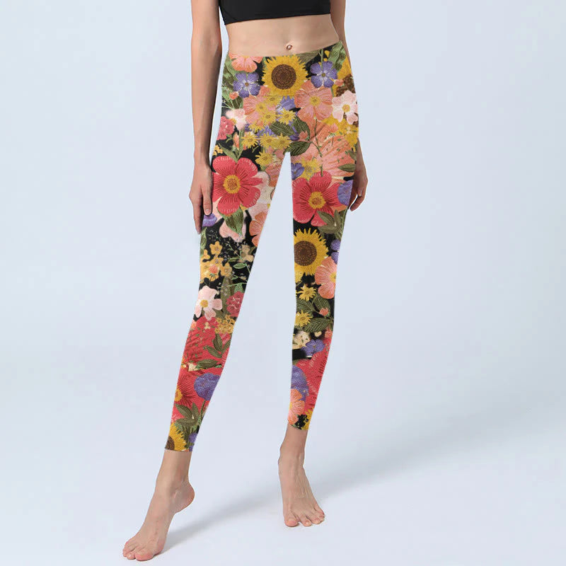Buddha Stones Sunflowers Pink Purple Flowers Print Sports Fitness Leggings Women's Yoga Pants