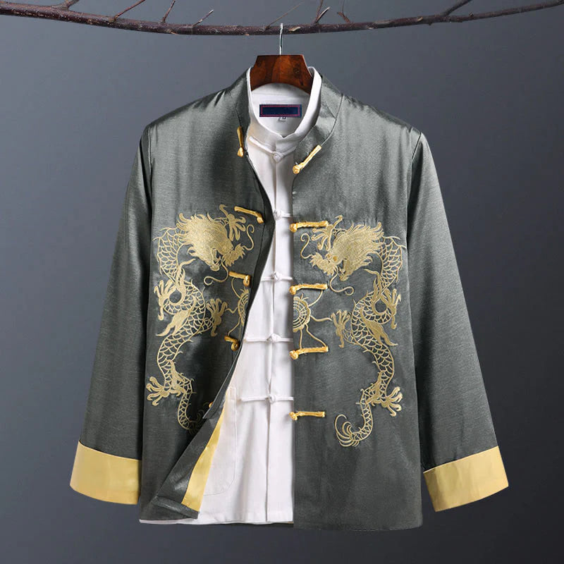 Buddha Stones Spring Fall Dragon Embroidery Frog-Button Long Sleeve Men's Jacket