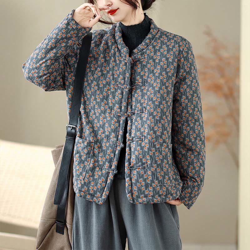 Buddha Stones Winter Frog-button Floral Long Sleeve Women's Thickened Cotton Jacket With Pockets
