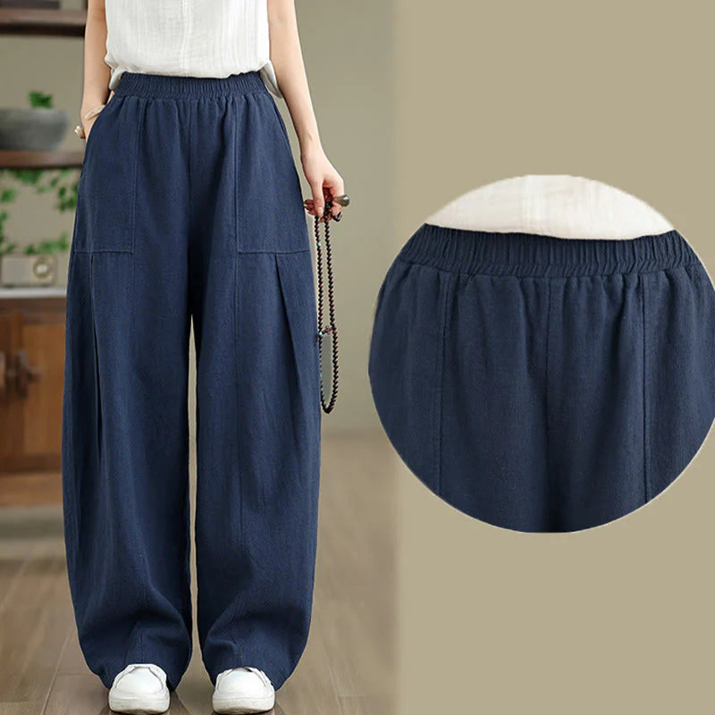Buddha Stones Solid Color Cotton Linen Women's Straight Leg Pants With Pockets