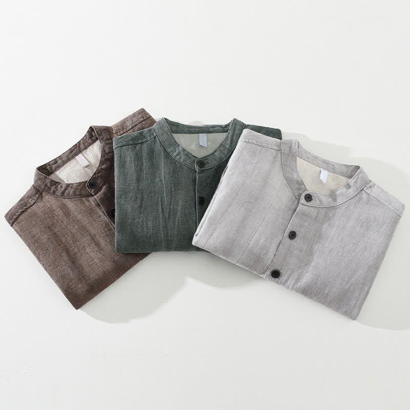 Buddha Stones Fall Plain Long Sleeve Buttons Design Men's Ramie Linen Cotton Shirts With Pocket