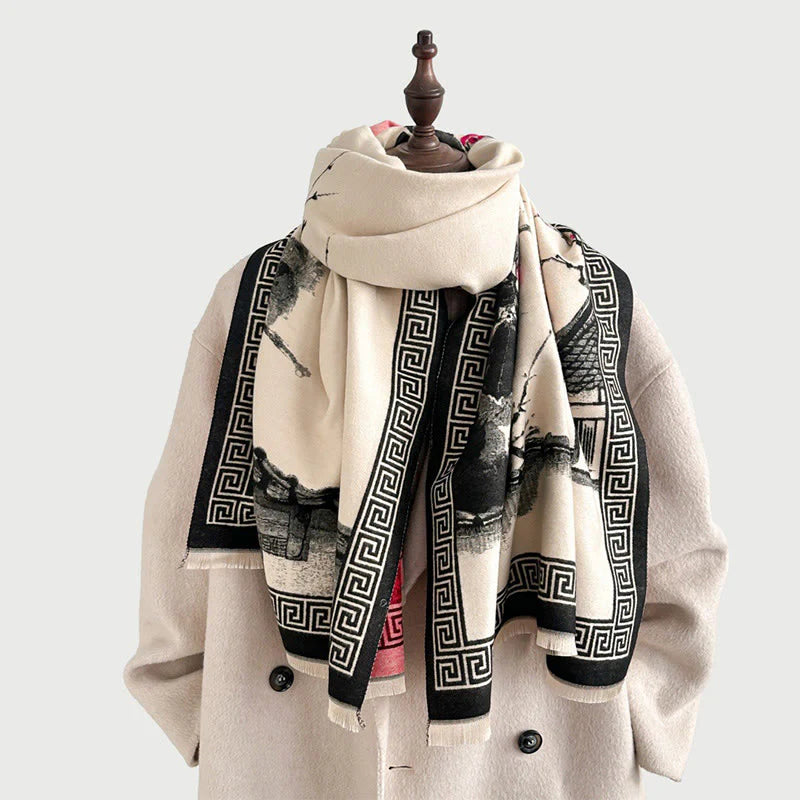 Buddha Stones Fall Plum Blossom Eaves Ink Painting Pattern Cozy Scarf Shawl