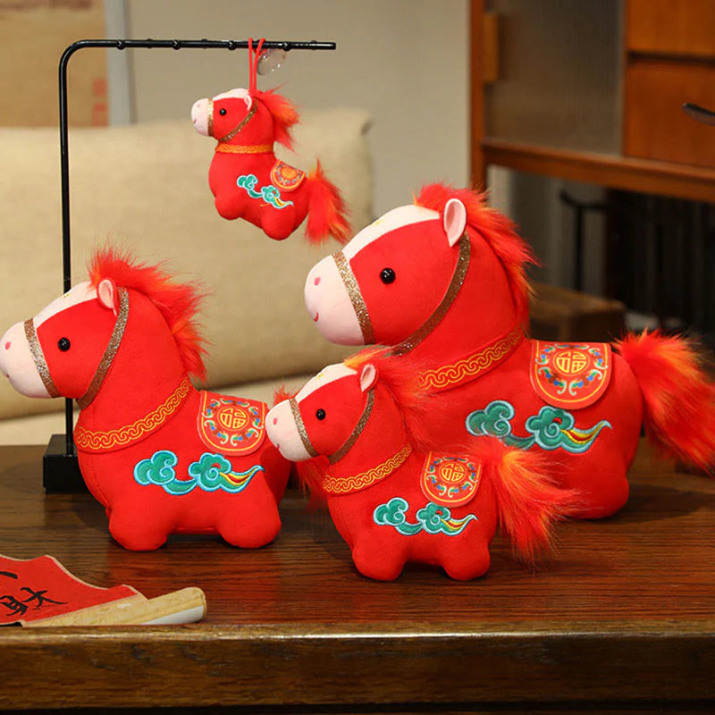 Buddha Stones Year Of The Horse Auspicious Cloud Pattern Stuffed Red Pony Plush Doll Home Decoration