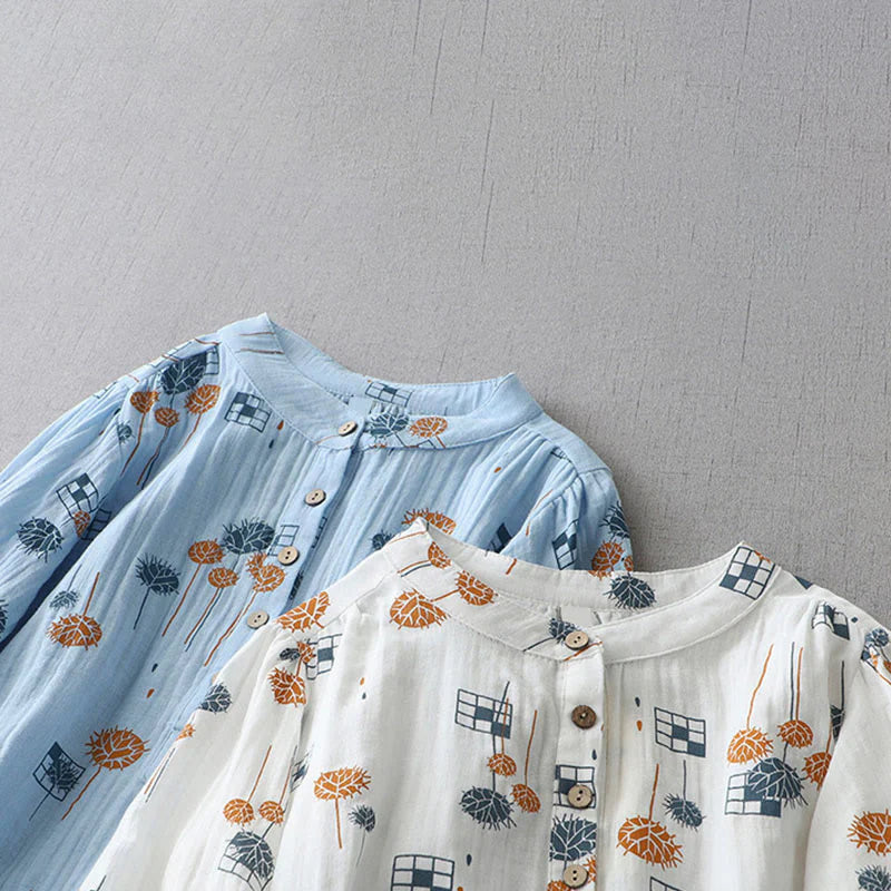 Buddha Stones Printed Half Button DesignThree Quarter Gathered Sleeve Women's Cotton Shirt
