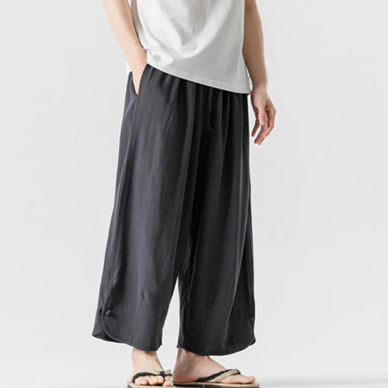 Buddha Stones Summer Plain Drawstring Design Linen Cotton Men's 7-8 Length Pants With Pockets