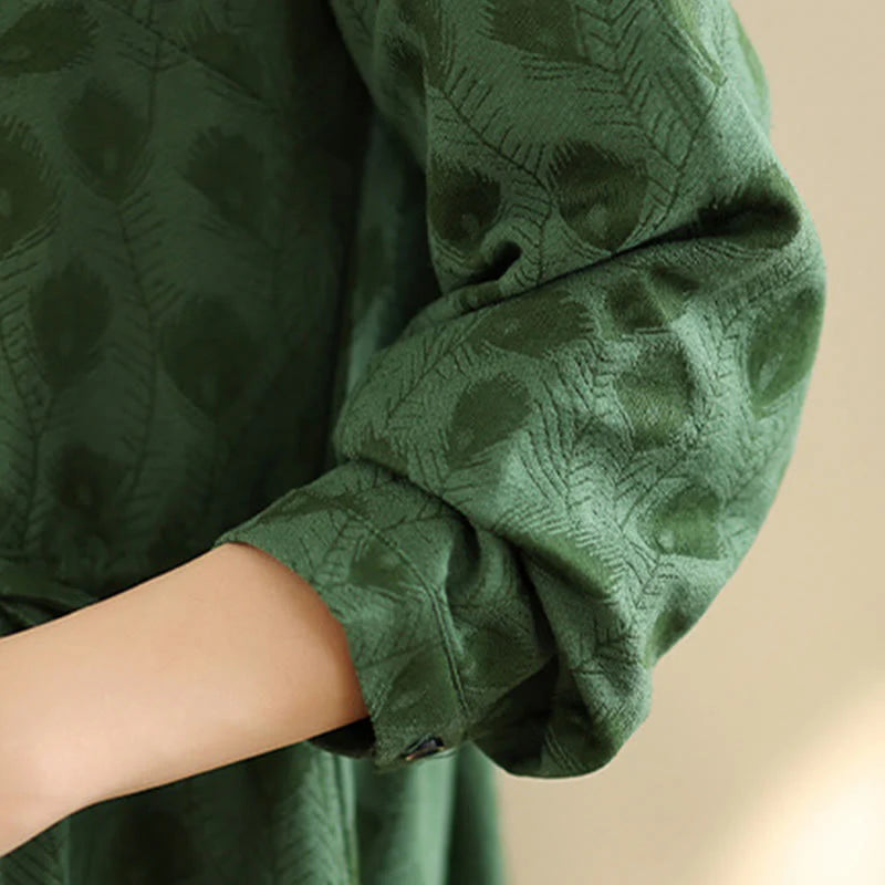 Buddha Stones Leaf Pattern Stand Collar Long Sleeve Cotton Midi Dress With Pockets