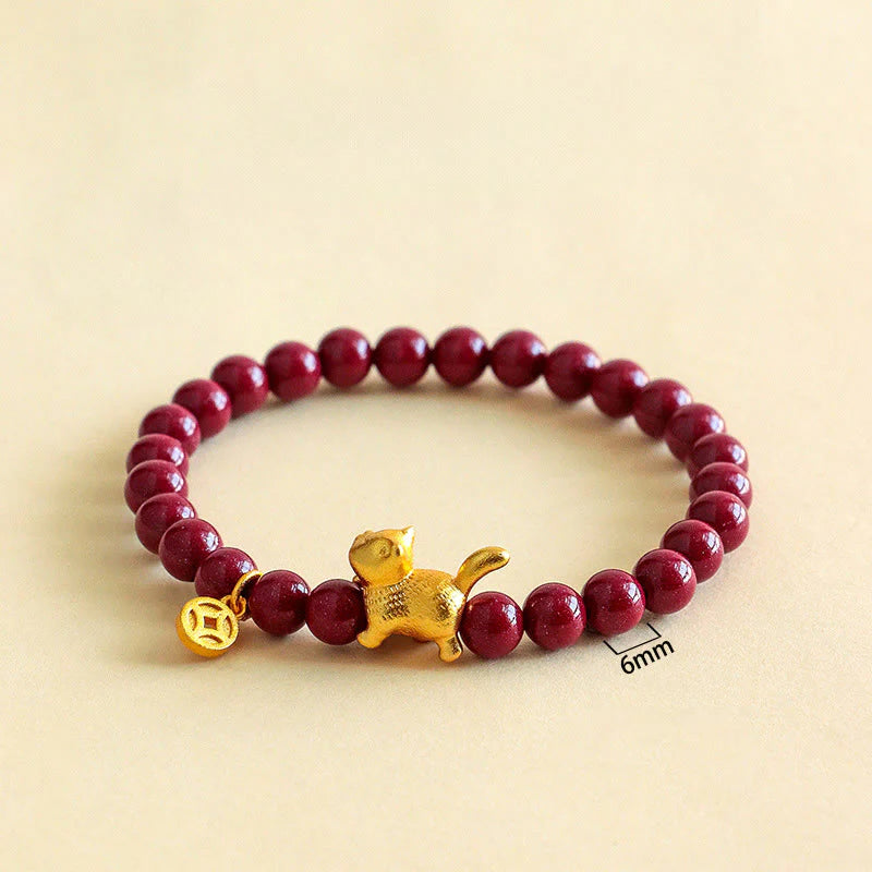 Buddha Stones Cute Lucky Cat Charm Garnet Cinnabar Calm Protection Beaded Bracelet