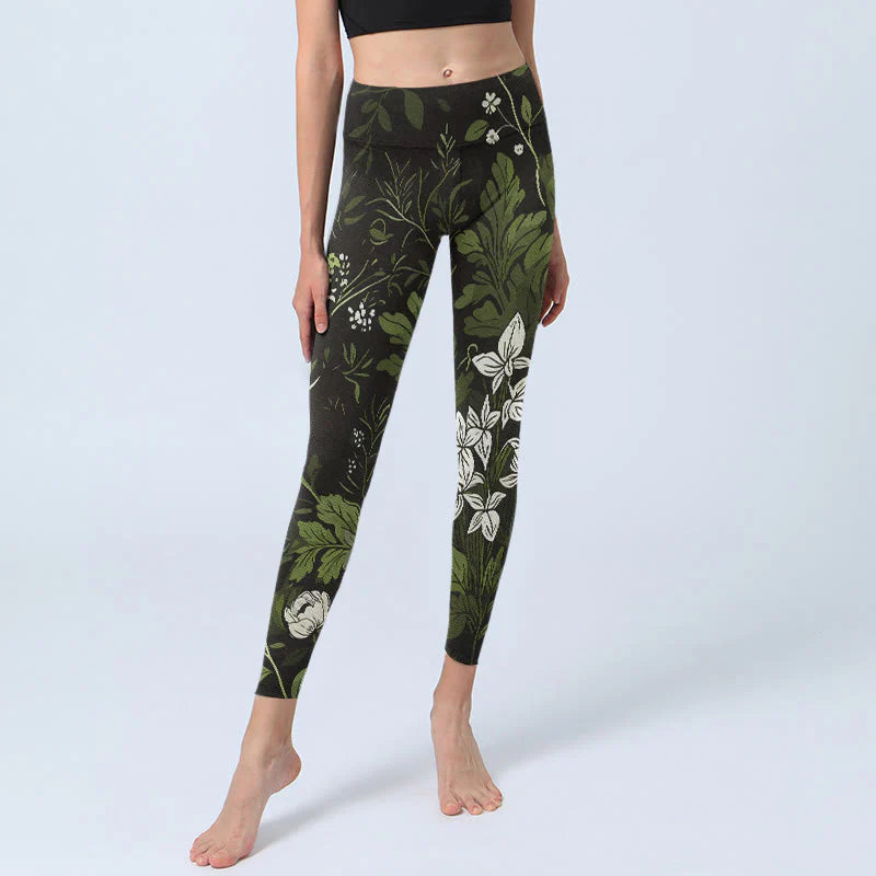 Buddha Stones Retro Flower Leaf Pattern Print Gym Leggings Women's Yoga Pants