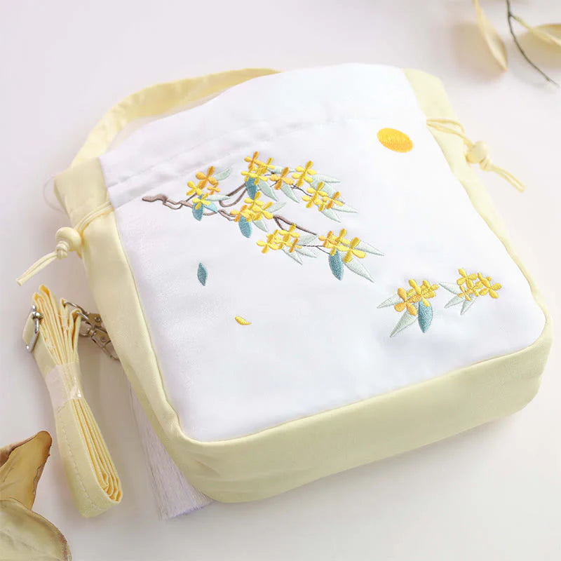 Buddha Stones Embroidered Osmanthus Peony Grape Cat Cotton Linen Tote Crossbody Bag Shoulder Bag Handbag