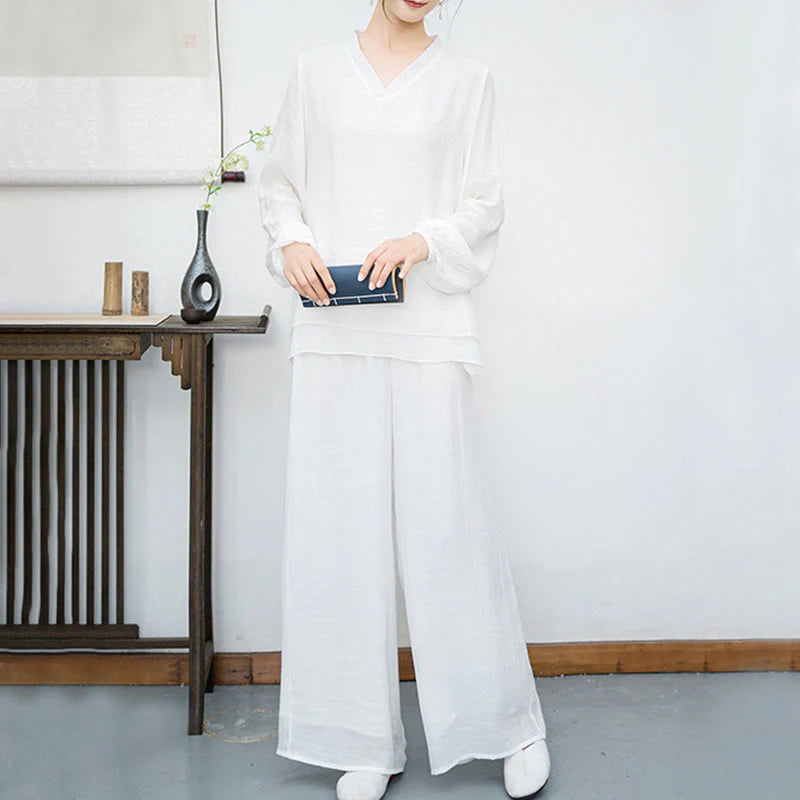 Buddha Stones 2Pcs White Long Sleeve V-Neck Shirt Wide Leg Pants Meditation Women's Set