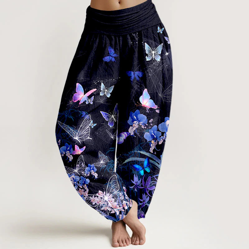 Buddha Stones Pure Cotton Dreamlike Butterfly Flower Grass Bamboo Pattern Women's Elastic Waist Harem Pants