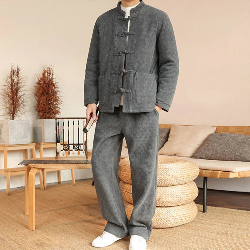 Buddha Stones 2Pcs Winter Solid Men's Tang Suit Frog-Button Cotton Long Sleeve Jacket Pants Set With Pockets