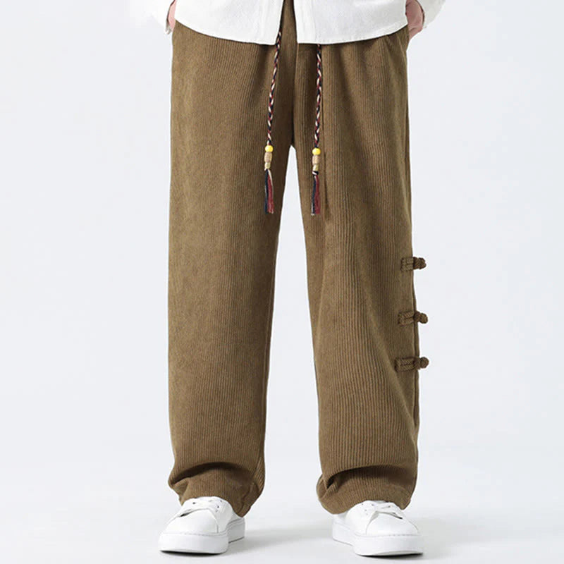 Buddha Stones Fall Solid Frog-Button Men's Drawstring Corduroy Straight Leg Pants With Pockets