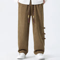 Buddha Stones Fall Solid Frog-Button Men's Drawstring Corduroy Straight Leg Pants With Pockets