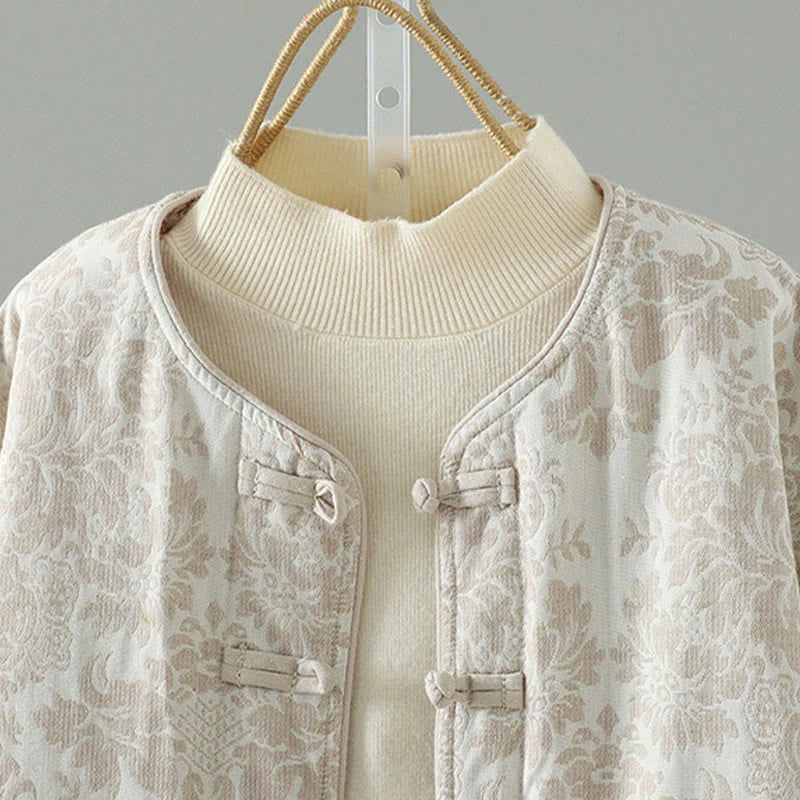 Buddha Stones Women's Peony Flowers Frog-Button Design Long Sleeve Thermal Jacket With Pockets