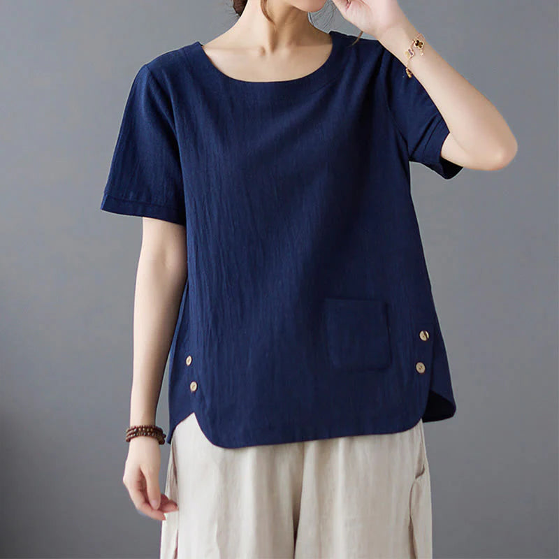Buddha Stones Side Slit Design Women's Cotton Linen Crew Neck Short Sleeve T-Shirt Wtih Pocket