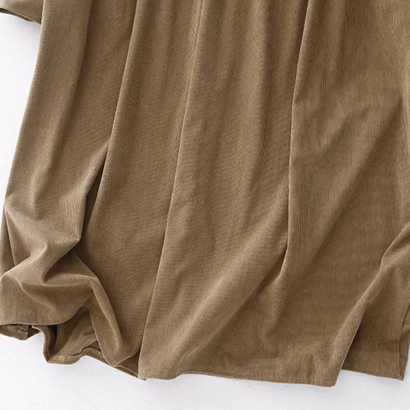 Buddha Stones Tan Solid Color Corduroy Puff Long Sleeve Midi Dress