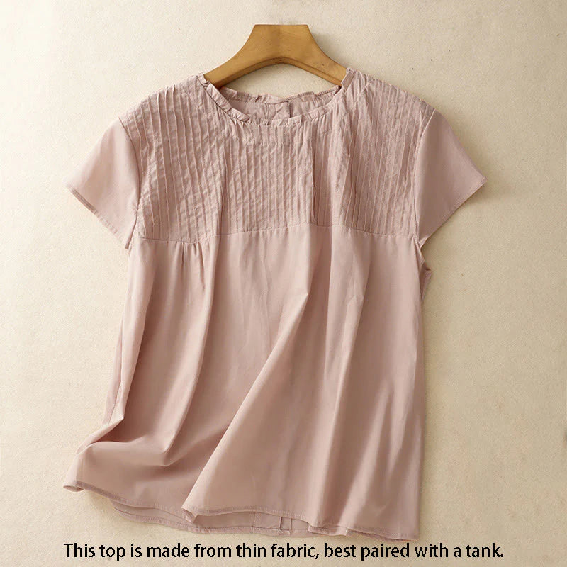 Buddha Stones Summer Pure Color Ruffled Pleated Design Women's Cotton Short Sleeve Shirt