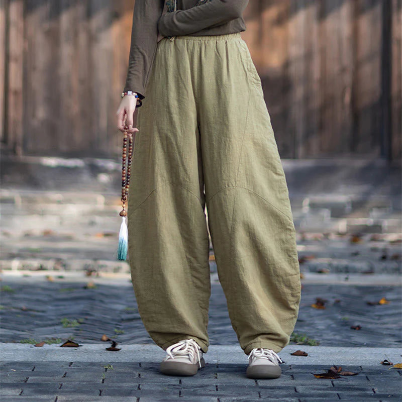 Buddha Stones Winter Elastic Waist Ramie Cotton Thermal Women's Pants With Pockets