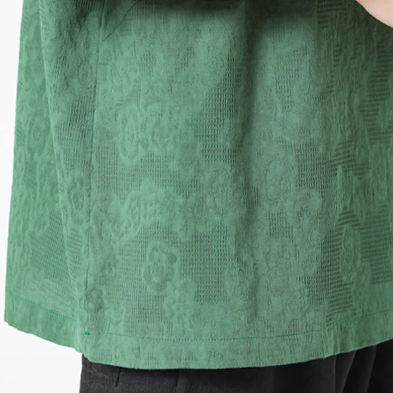 Buddha Stones Retro Pure Color Frog-Button Design Jacquard Flower Pattern Men's Short Sleeve Cotton Linen Shirt