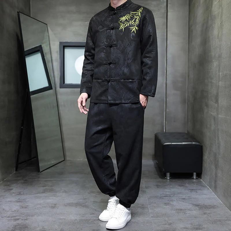 Buddha Stones 2Pcs Spring Dragon Bamboo Clouds Men's Tang Suit Frog-Button Cotton Long Sleeve Jacket Pants Set With Pockets