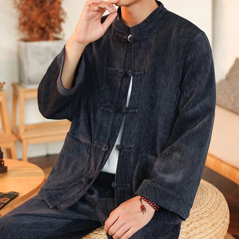 Buddha Stones 2Pcs Winter Thick Men's Tang Suit Frog-Button Cotton Corduroy Long Sleeve Jacket Pants Set With Pockets