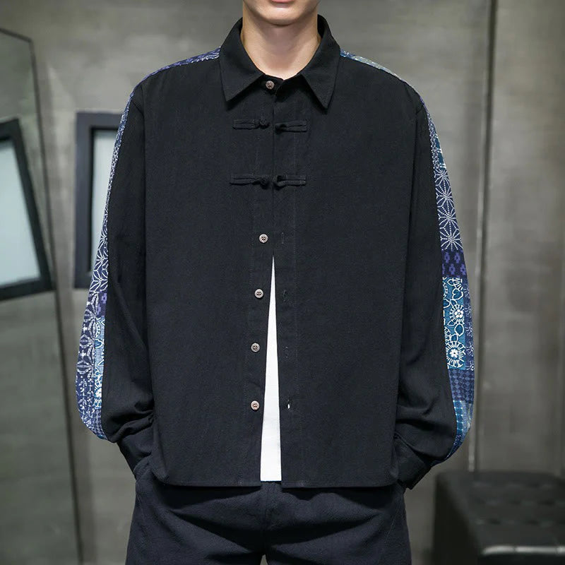 Buddha Stones Men's Flower Pattern Stitching Cotton Blend Long Sleeve Shirt