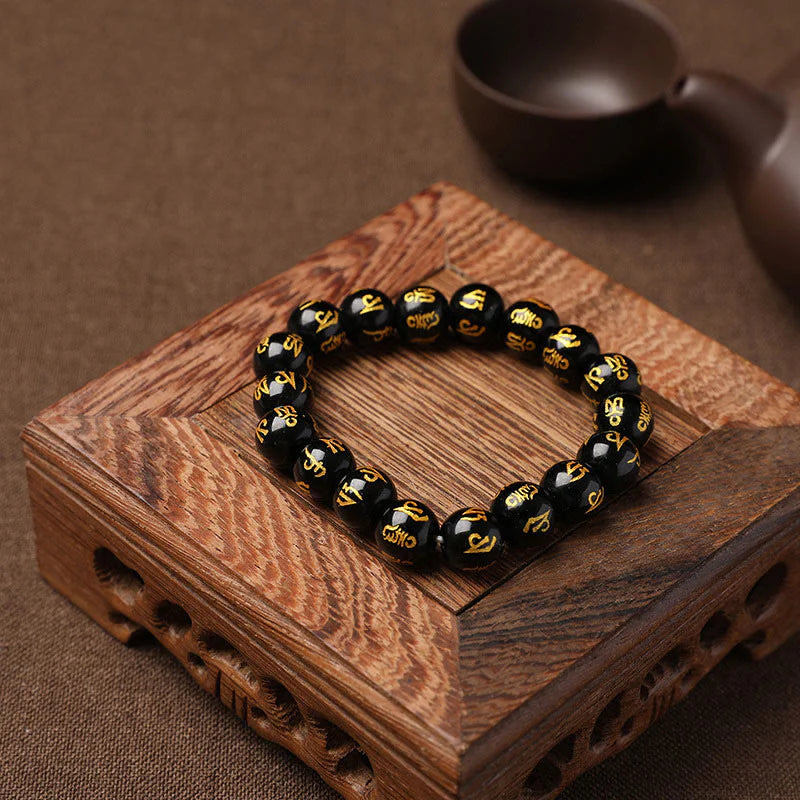 Buddha Stones Tibet White Crystal Black Onyx Om Mani Padme Hum Meditation Bracelet
