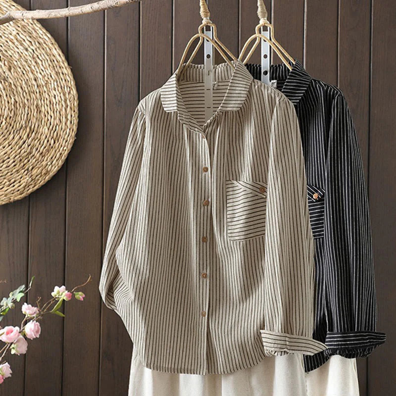 Buddha Stones Fall Stripe Stand Collar Buttons Women's Long Sleeve Shirt With Pocket
