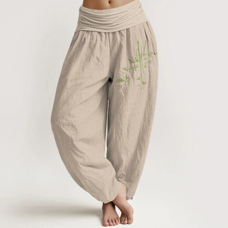 Buddha Stones Bamboo Stems Leaves Pattern Women's Elastic Waist Harem Cotton Pants