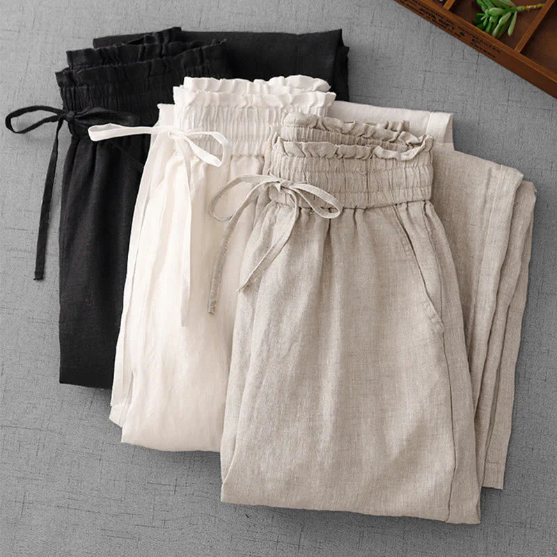 Buddha Stones Casual High Waist Ruffled Drawstring Design Women's Wide Leg Cotton Pants With Pockets