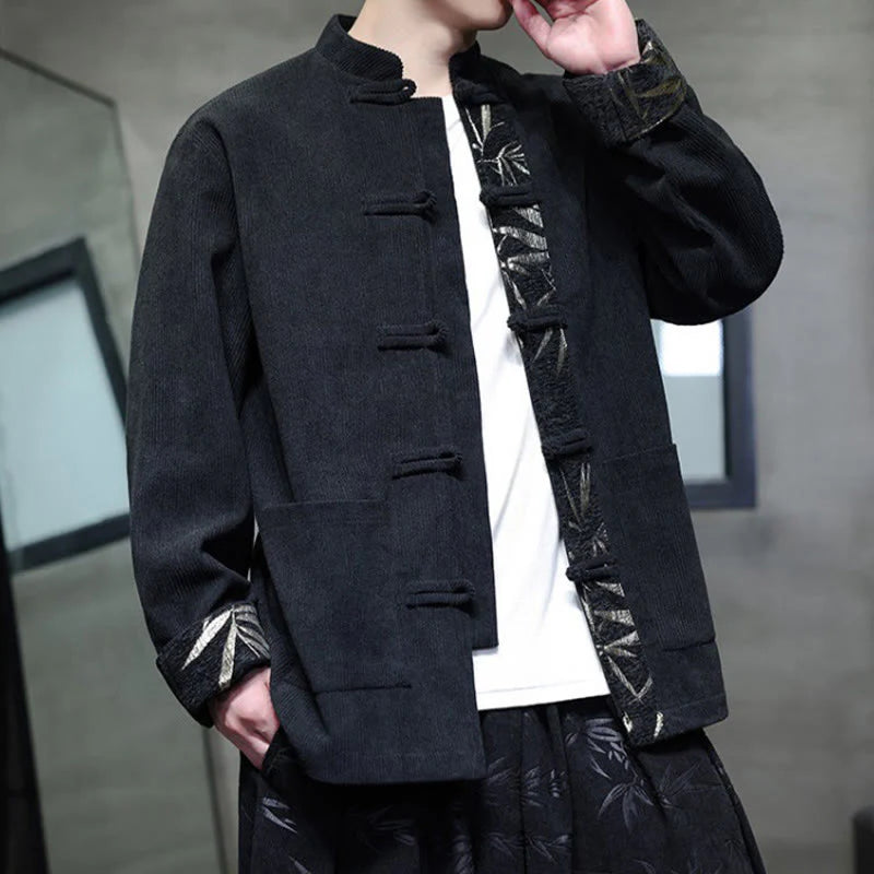 Buddha Stones Fall Bamboo Frog-Button Long Sleeve Men's Corduroy Cotton Jacket With Pockets