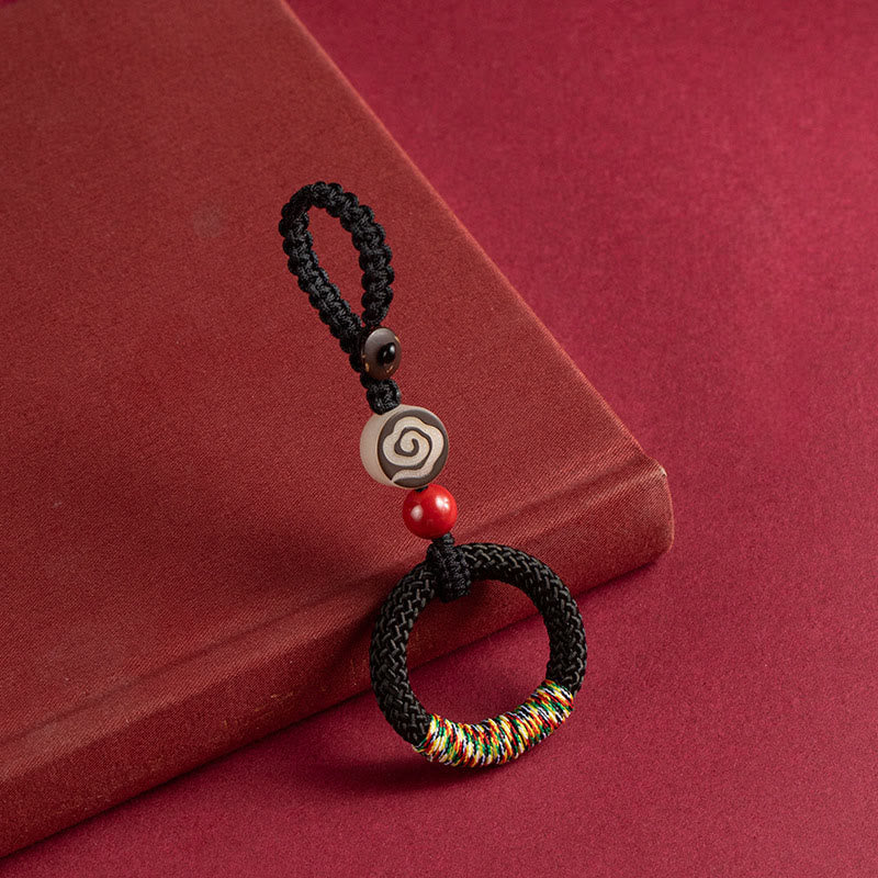 Buddha Stones Handwoven Colorful Thread String Buckle Ivory Fruit Cinnabar Key Chain Phone Hanging Decoration