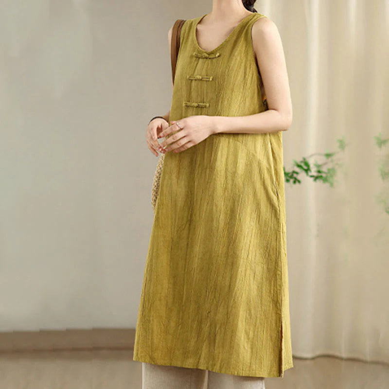 Buddha Stones Tie Dye Chinese Frog-Button RamieÂ Linen Sleeveless Midi Dress With Pockets