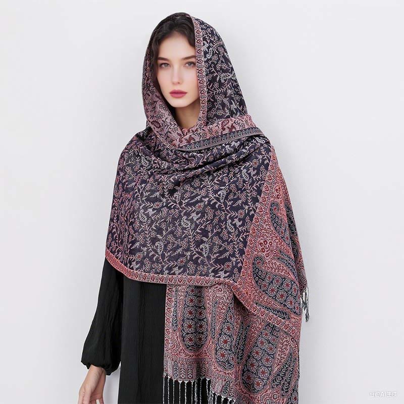 Buddha Stones Tibetan Jacquard Paisley Flower Pattern Color Contrast Design Tassel Cozy Scarf Shawl