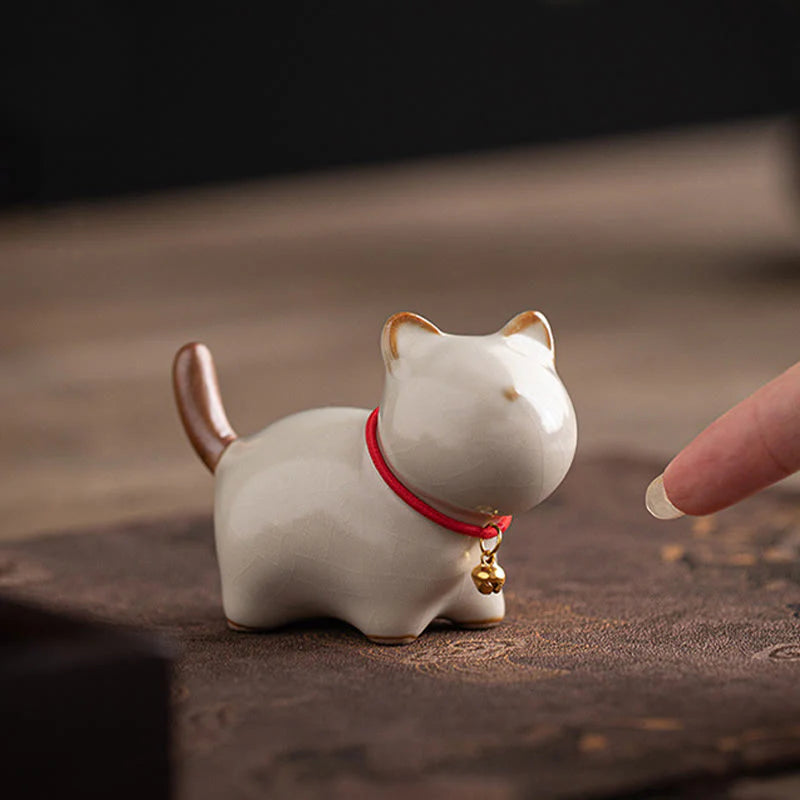 Buddha Stones Mini Lucky Cute Standing Cat Red Rope Bell Ceramic Figurine Decoration