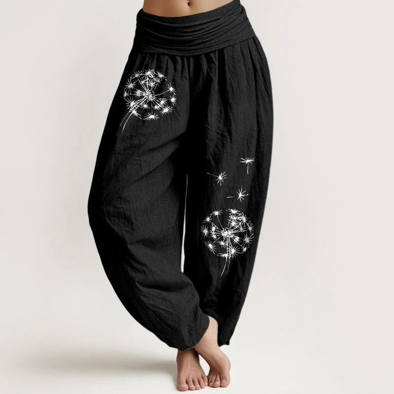 Buddha Stones Pure Cotton Concise Dandelion Pattern Women's Elastic Waist Harem Pants