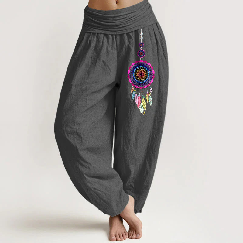 Buddha Stones Colorful Dreamcatchers Pattern Pure Cotton Women's Elastic Waist Harem Pants