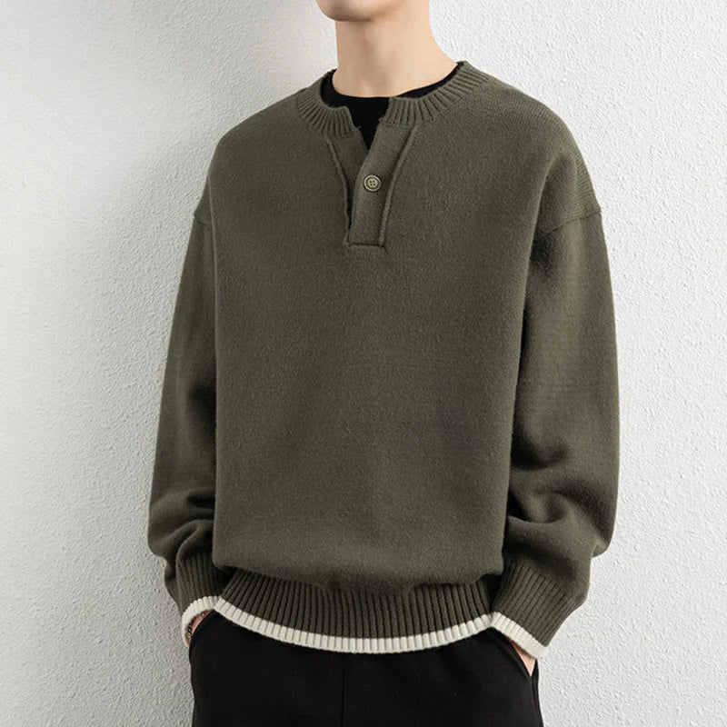 Buddha Stones Winter V-Neck One Button Design Warm Men's Long Sleeve Knitted Sweater
