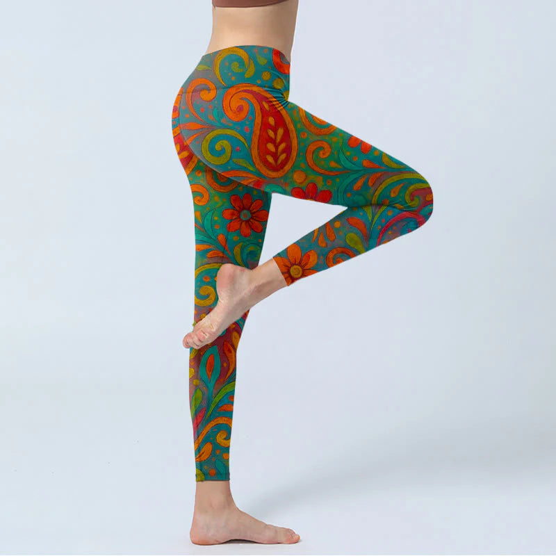 Buddha Stones Vibrant Swirling Florals Paisley Print Gym Leggings Women's Yoga Pants