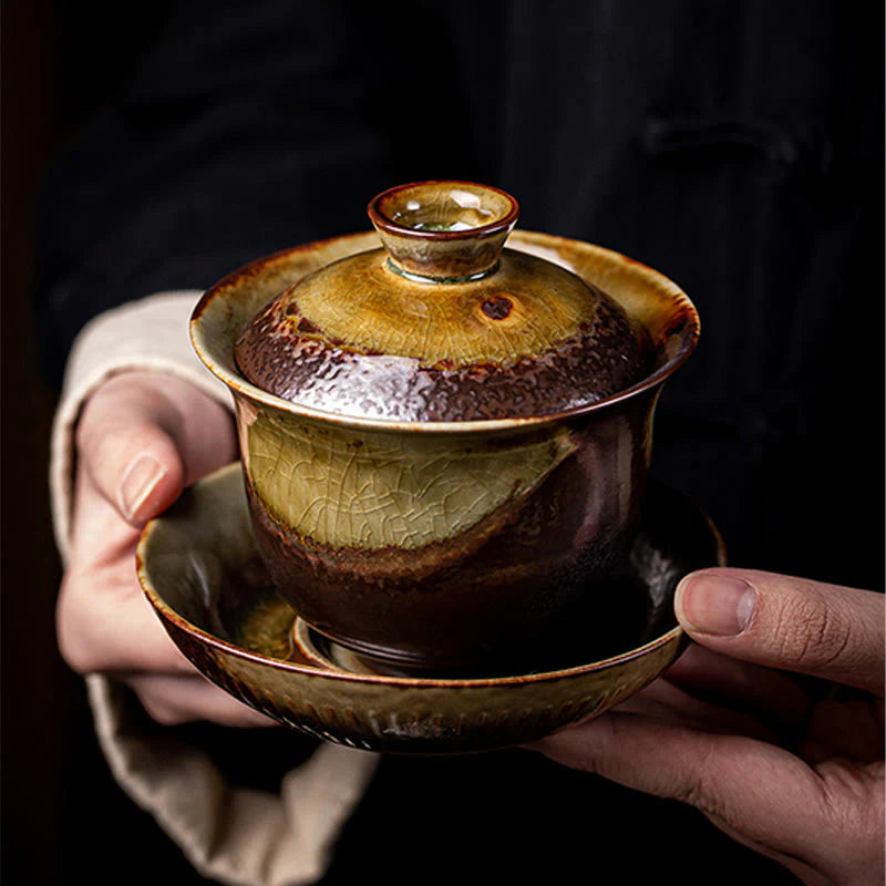 Buddha Stones Vintage Brown Kiln Change Design Porcelain Ceramic Gaiwan Sancai Teacup Kung Fu Tea Cup And Saucer With Lid