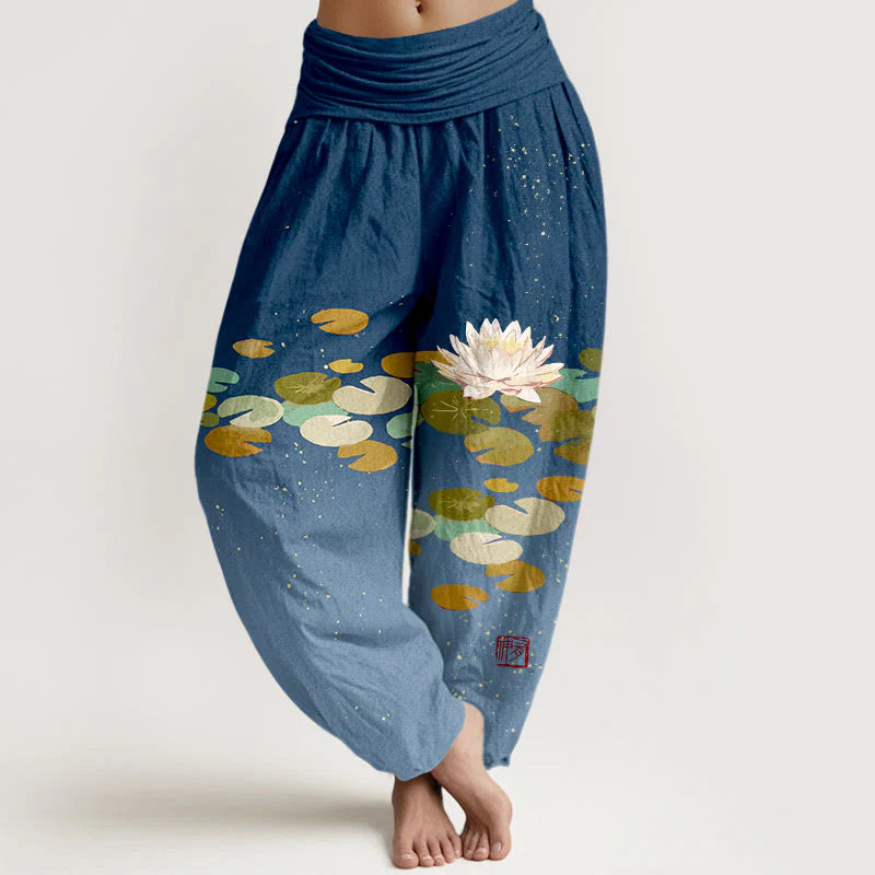 Buddha Stones Printed White Lotus Leaves Pattern Women's Elastic Waist Harem Pure Cotton Pants