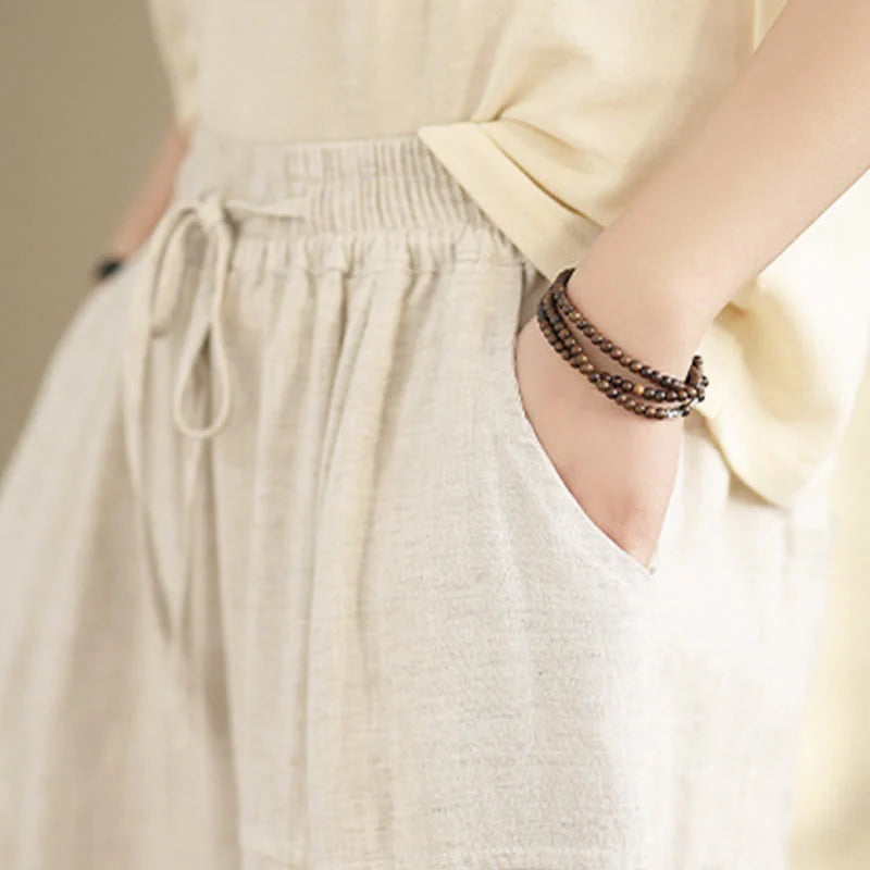 Buddha Stones Women's Fall Plain Color Drawstring Cotton Linen 7-8 Length Pants With Pockets