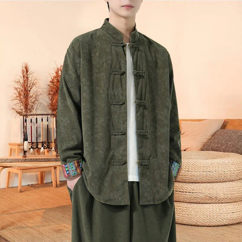 Buddha Stones Plain Plum Blossom Pattern Long Sleeve Men's Cotton Corduroy Tang Suit Jacket