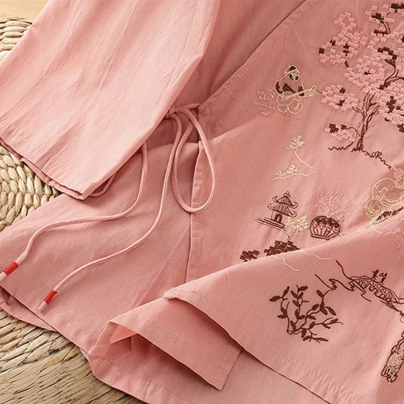 Buddha Stones Retro Embroidery Lace-Up Women's Three Quarter Sleeve Cotton Linen T-Shirt
