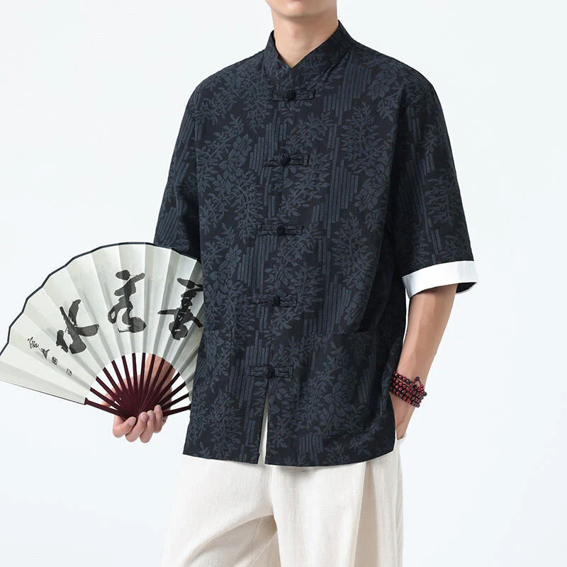 Buddha Stones Summer Flowers Grass Pattern Tang Suit Men's Frog-Button Half Sleeve Cotton Shirt With Pockets