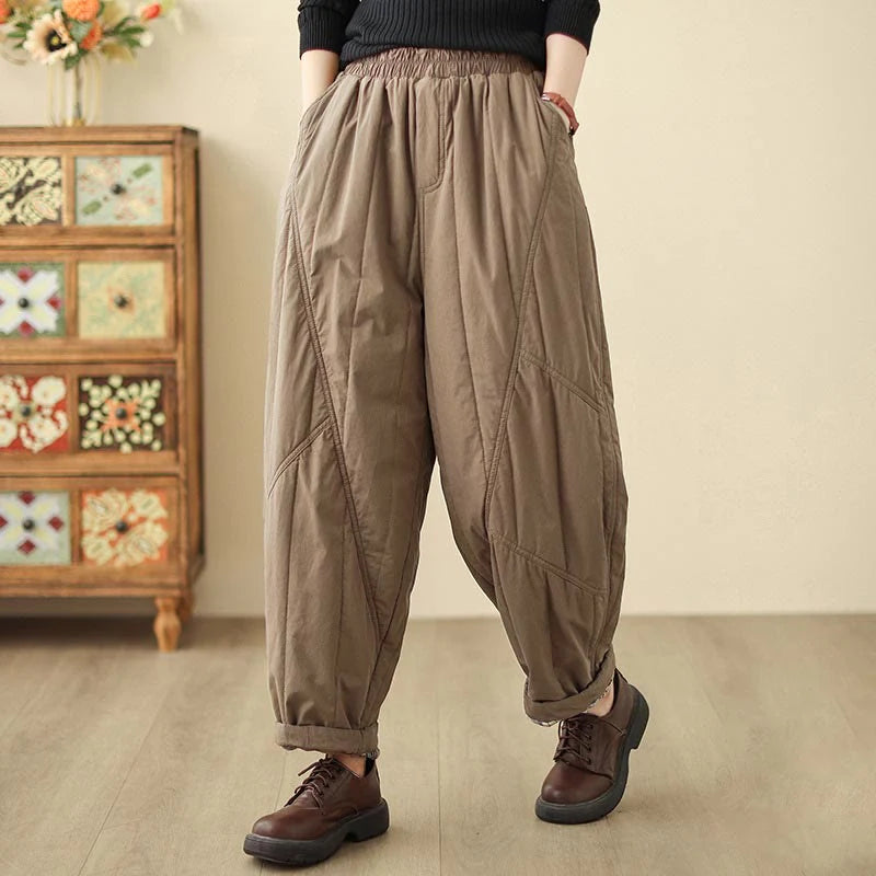 Buddha Stones Winter Plain High Waist Cotton Women's Harem Thermal Elastic Waist Pants With Pockets