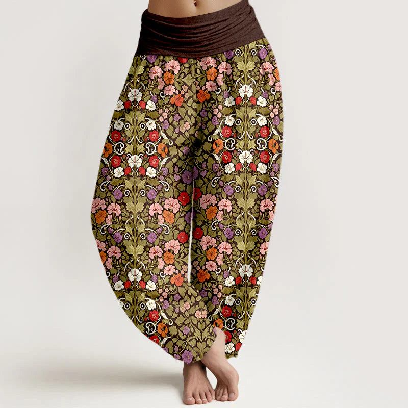 Buddha Stones Cotton Softly Colored Flower Leaf Pattern Women's Elastic Waist Harem Pants