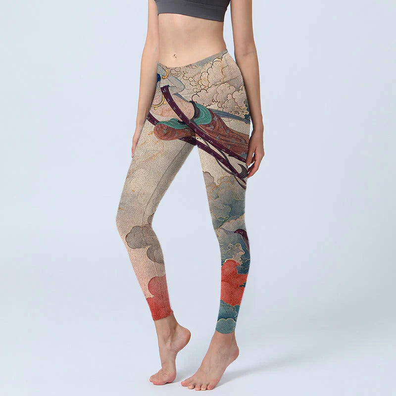 Buddha Stones Dunhuang Flying Apsaras Auspicious Clouds Print Fitness Leggings Women's Yoga Pants
